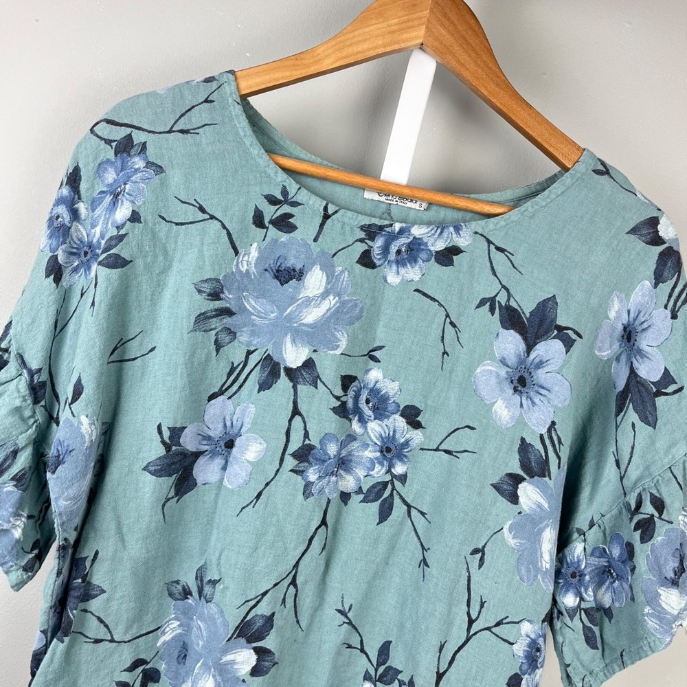 Elena Baldi Italy Linen Top Womens S Blue Floral Boxy Short Sleeve Lagenlook‎